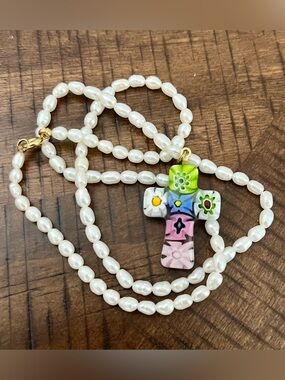 Italian Millefiori glass cross pendant on strand of baroque freshwater pearls